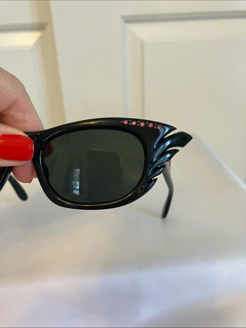 Black Winged Cat-Eye Sunglasses with Pink Rhinestones